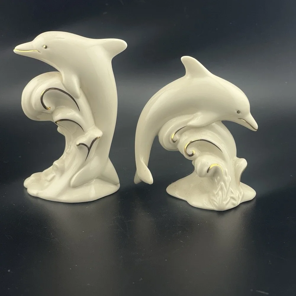 Lenox Dive Dancing Dolphins Ivory Porcelain 24 Karat Gold Figurines Set Lot of 4